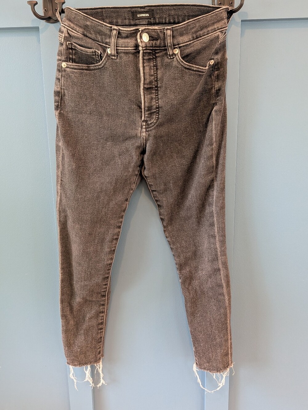 Express Black Gray Washed Skinny Jeans with Branded Button